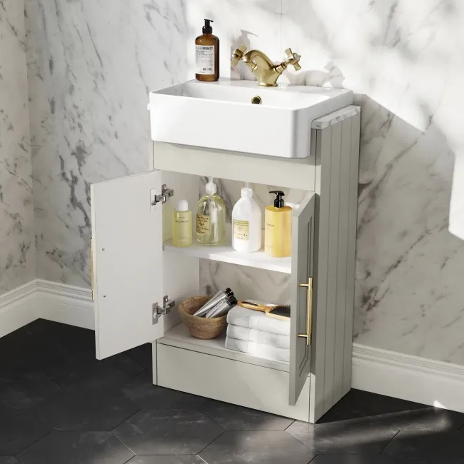 Monaco Linen White Combination Vanity Basin with Marble Top & Hudson Toilet with Wooden Seat 1000mm - Brass Knurled Handles
