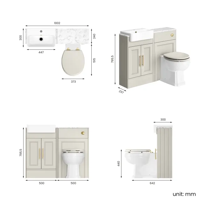 Monaco Linen White Combination Vanity Basin with Marble Top & Hudson Toilet with Wooden Seat 1000mm - Brass Knurled Handles