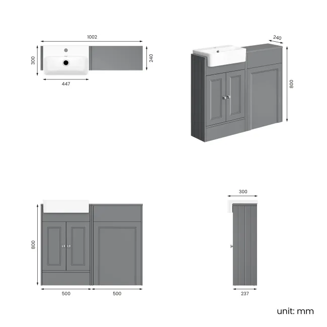 Monaco Fog Grey Basin Vanity and Back To Wall Toilet Unit 1000mm (Excludes Pan & Cistern)