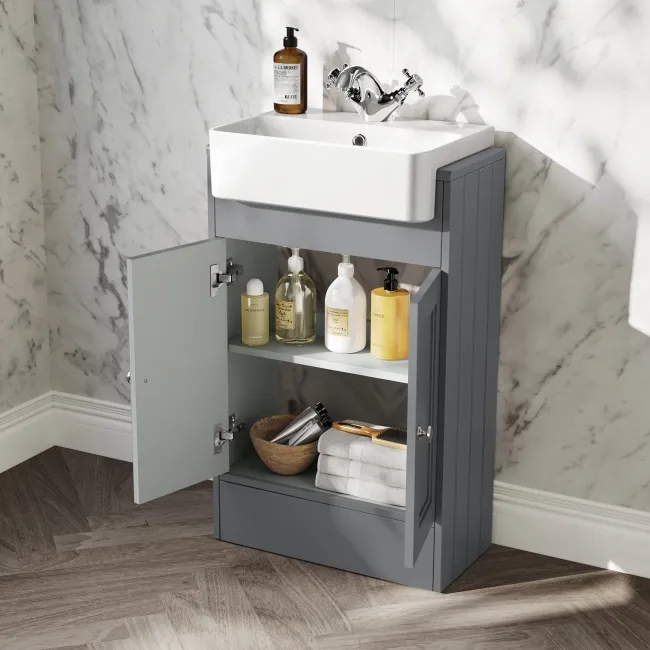 Monaco Fog Grey Combination Vanity Basin and Hudson Toilet with Wooden Seat 1000mm
