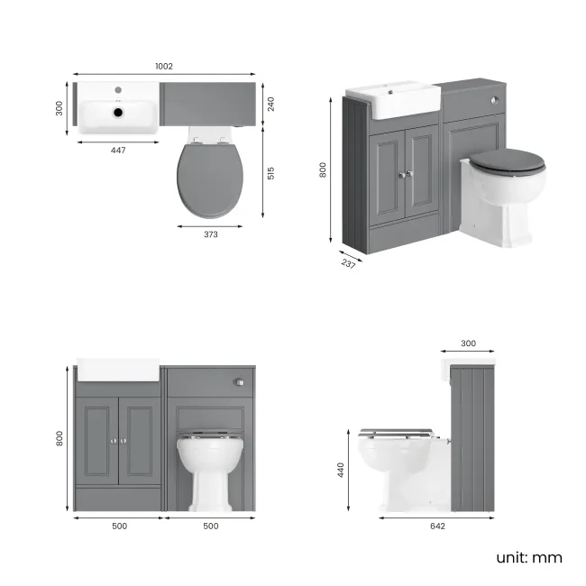 Monaco Fog Grey Combination Vanity Basin and Hudson Toilet with Wooden Seat 1000mm