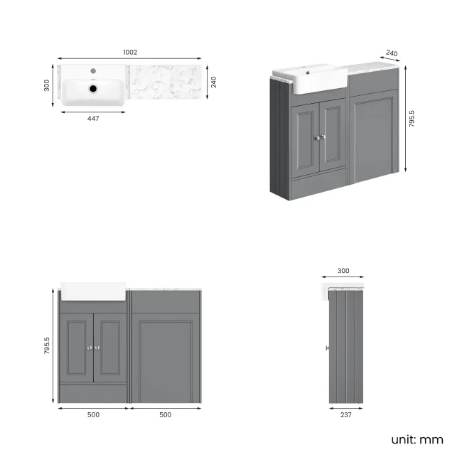 Monaco Fog Grey Combination Vanity Basin with Marble Top 1000mm (Excludes Pan & Cistern)
