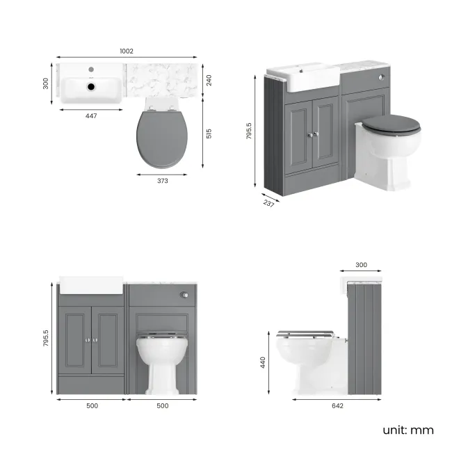 Monaco Fog Grey Combination Vanity Basin with Marble Top & Hudson Toilet with Wooden Seat 1000mm
