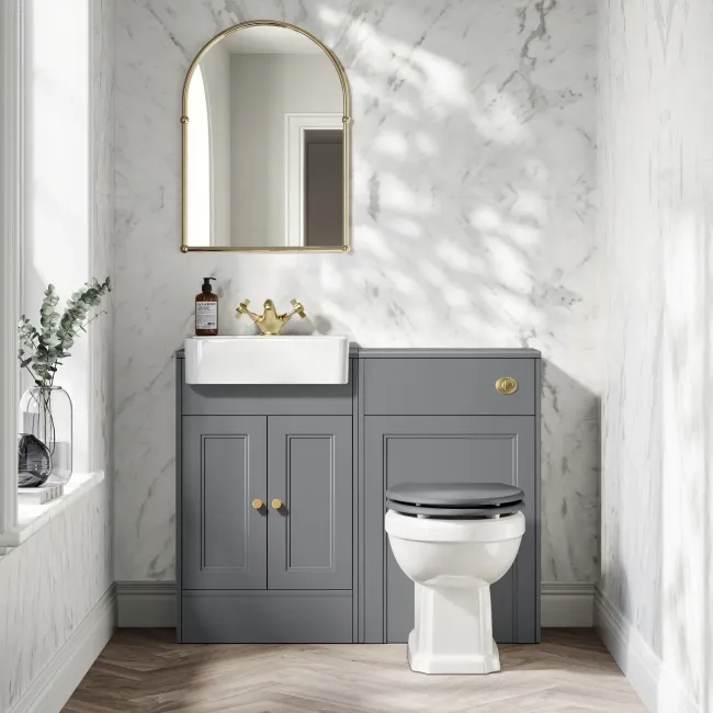 Monaco Fog Grey Basin Vanity and Back To Wall Toilet Unit 1000mm (Excludes Pan & Cistern) - Brushed Brass Accents
