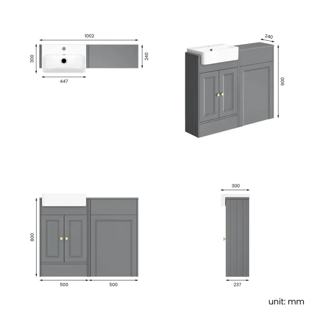 Monaco Fog Grey Basin Vanity and Back To Wall Toilet Unit 1000mm (Excludes Pan & Cistern) - Brushed Brass Accents