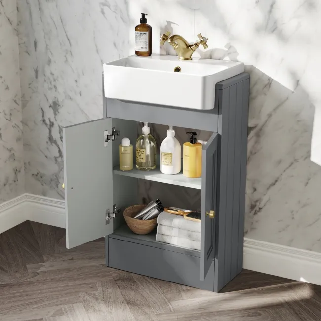 Monaco Fog Grey Combination Vanity Basin and Hudson Toilet with Wooden Seat 1000mm - Brushed Brass Accents