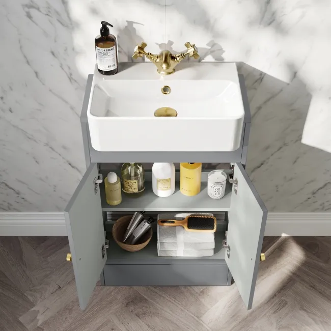 Monaco Fog Grey Combination Vanity Basin and Hudson Toilet with Wooden Seat 1000mm - Brushed Brass Accents