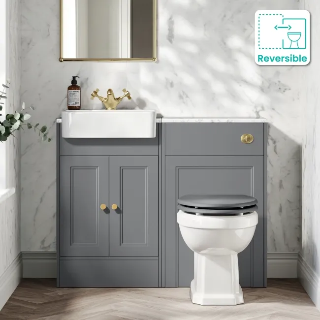 Monaco Fog Grey Combination Vanity Basin with Marble Top & Hudson Toilet with Wooden Seat 1000mm - Brushed Brass Accents