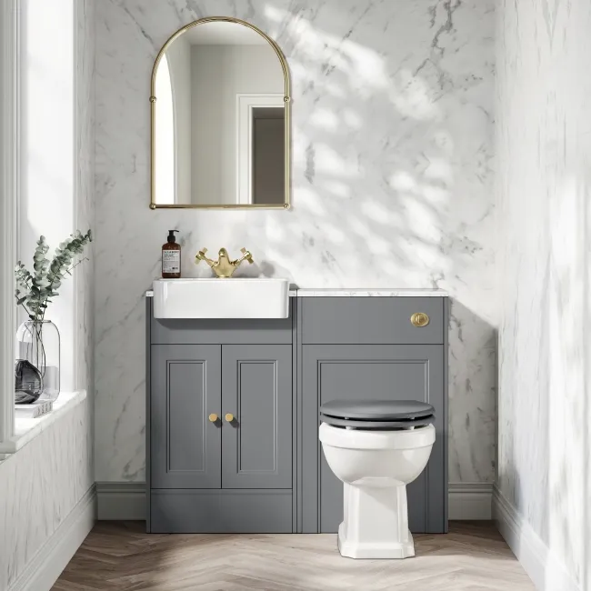 Monaco Fog Grey Combination Vanity Basin with Marble Top & Hudson Toilet with Wooden Seat 1000mm - Brushed Brass Accents
