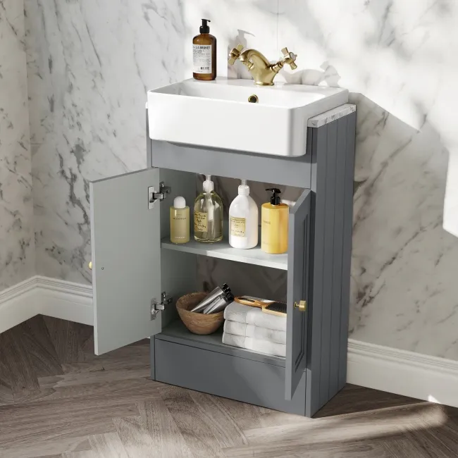 Monaco Fog Grey Combination Vanity Basin with Marble Top & Hudson Toilet with Wooden Seat 1000mm - Brushed Brass Accents