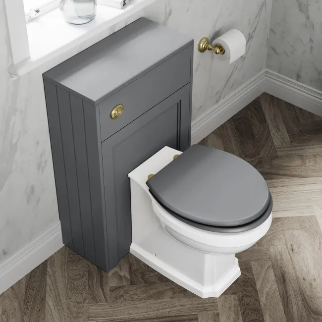 Monaco Fog Grey Combination Vanity Basin with Marble Top & Hudson Toilet with Wooden Seat 1000mm - Brushed Brass Accents