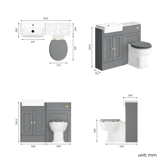 Monaco Fog Grey Combination Vanity Basin with Marble Top & Hudson Toilet with Wooden Seat 1000mm - Brushed Brass Accents
