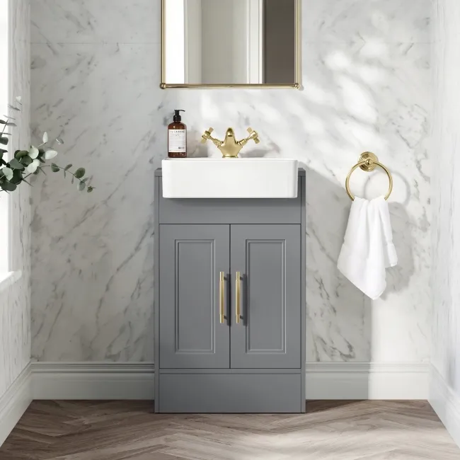Monaco Fog Grey Basin Vanity 500mm - Brass Knurled Handles