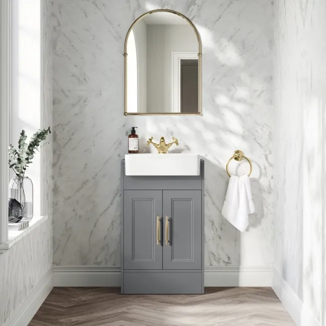 Monaco Fog Grey Basin Vanity 500mm - Brass Knurled Handles