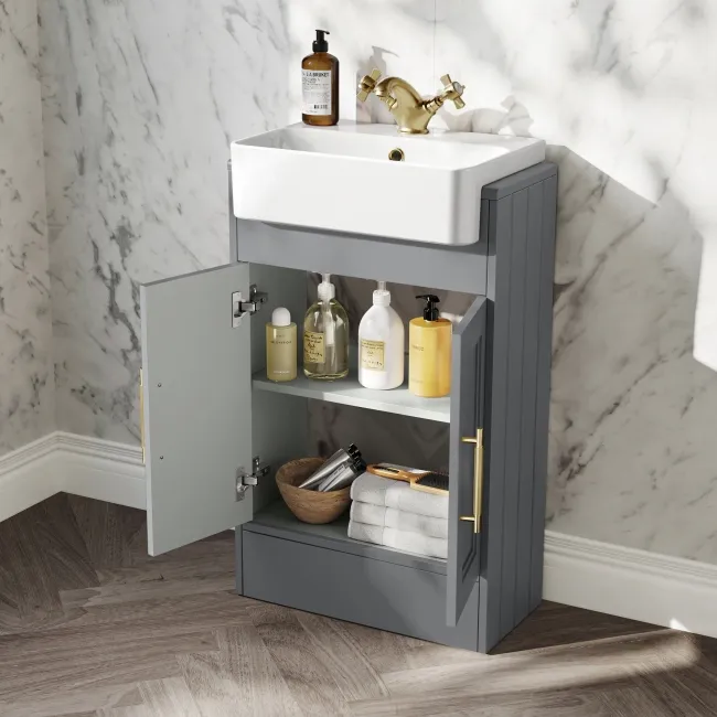 Monaco Fog Grey Basin Vanity 500mm - Brass Knurled Handles