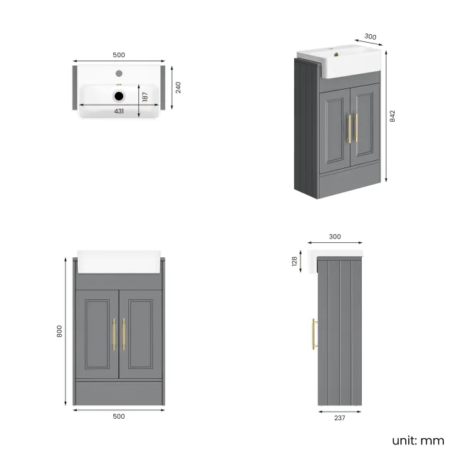 Monaco Fog Grey Basin Vanity 500mm - Brass Knurled Handles