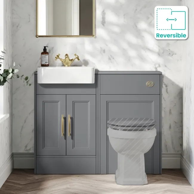 Monaco Fog Grey Basin Vanity and Back To Wall Toilet Unit 1000mm (Excludes Pan & Cistern) - Brass Knurled Handles