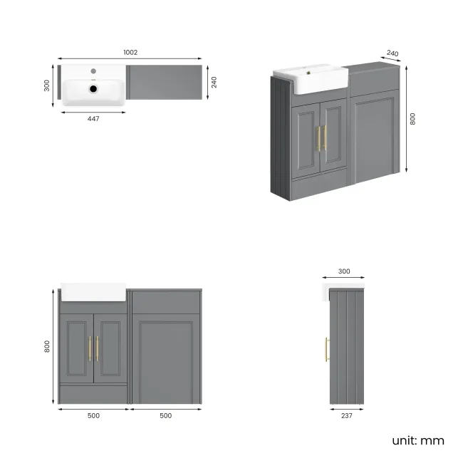 Monaco Fog Grey Basin Vanity and Back To Wall Toilet Unit 1000mm (Excludes Pan & Cistern) - Brass Knurled Handles