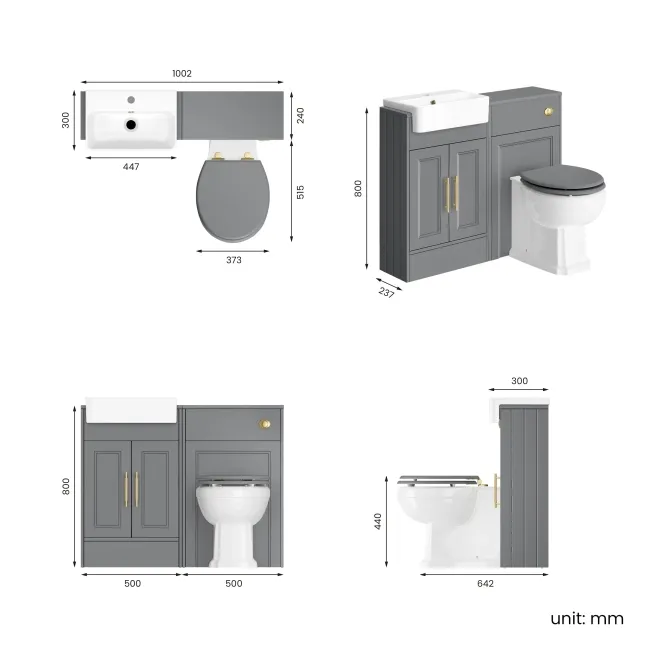 Monaco Fog Grey Combination Vanity Basin and Hudson Toilet with Wooden Seat 1000mm - Brass Knurled Handles