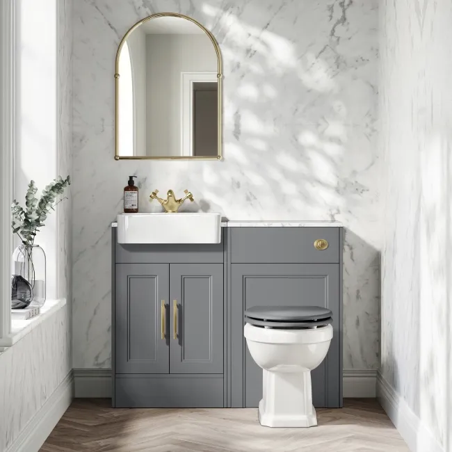 Monaco Fog Grey Combination Vanity Basin with Marble Top 1000mm (Excludes Pan & Cistern) - Brass Knurled Handles