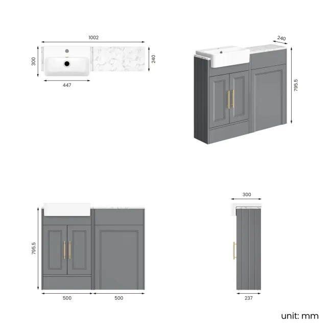 Monaco Fog Grey Combination Vanity Basin with Marble Top 1000mm (Excludes Pan & Cistern) - Brass Knurled Handles