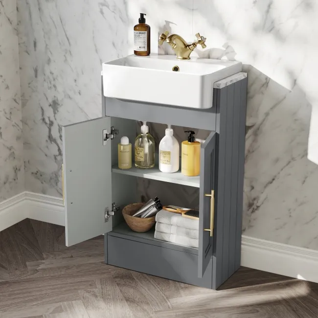 Monaco Fog Grey Combination Vanity Basin with Marble Top & Hudson Toilet with Wooden Seat 1000mm - Brass Knurled Handles