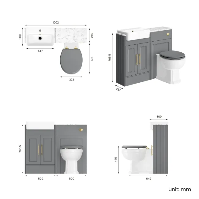 Monaco Fog Grey Combination Vanity Basin with Marble Top & Hudson Toilet with Wooden Seat 1000mm - Brass Knurled Handles