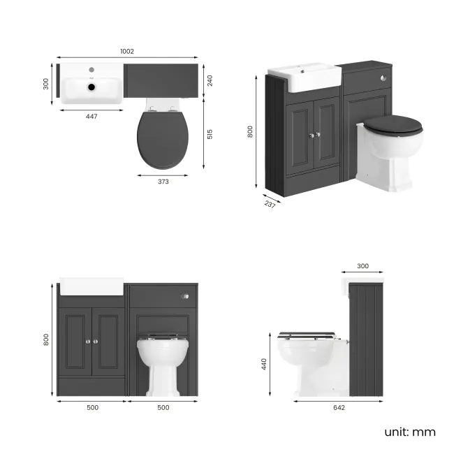 Monaco Slate Grey Combination Vanity Basin and Hudson Toilet with Wooden Seat 1000mm