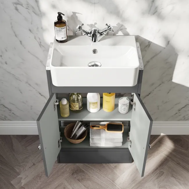 Monaco Slate Grey Combination Vanity Basin with Marble Top & Hudson Toilet with Wooden Seat 1000mm