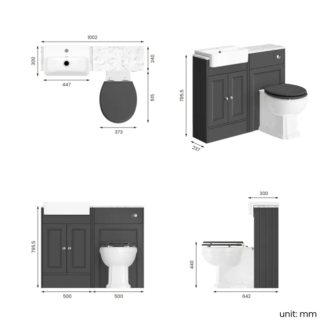 Monaco Slate Grey Combination Vanity Basin with Marble Top & Hudson Toilet with Wooden Seat 1000mm