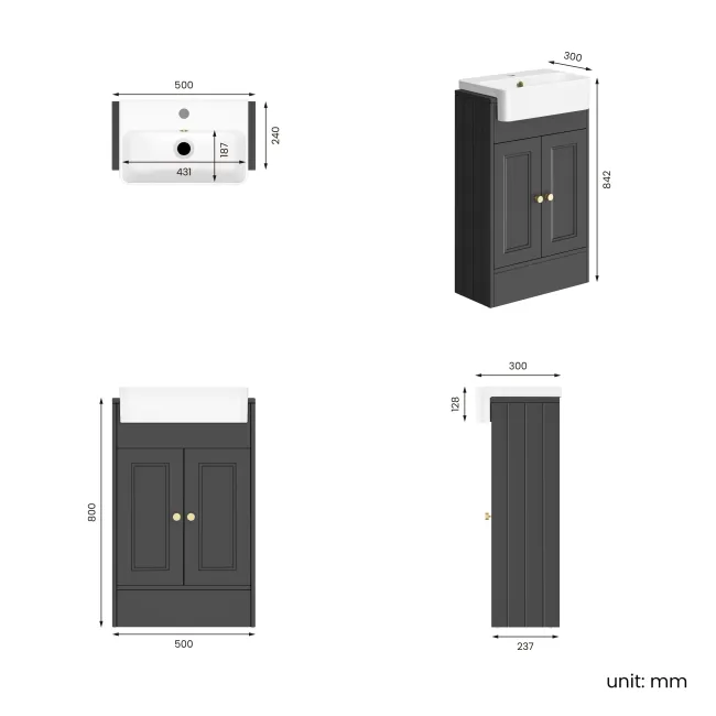 Monaco Slate Grey Basin Vanity 500mm - Brushed Brass Accents
