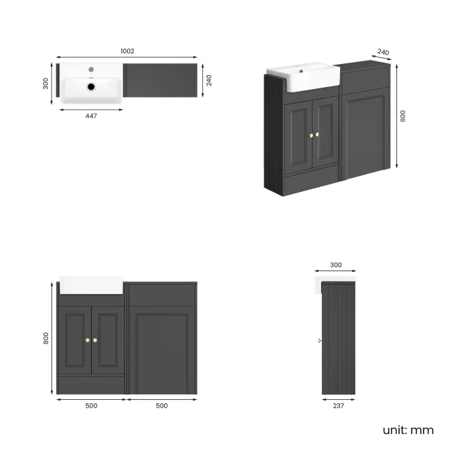 Monaco Slate Grey Basin Vanity and Back To Wall Toilet Unit 1000mm (Excludes Pan & Cistern) - Brushed Brass Accents