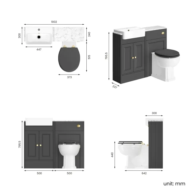 Monaco Slate Grey Combination Vanity Basin with Marble Top & Hudson Toilet with Wooden Seat 1000mm - Brushed Brass Accents