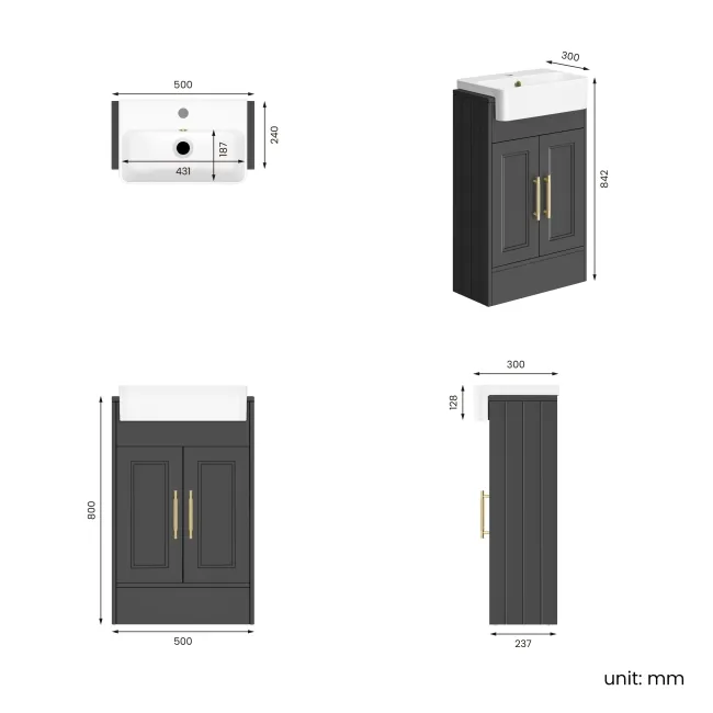 Monaco Slate Grey Basin Vanity 500mm - Brass Knurled Handles