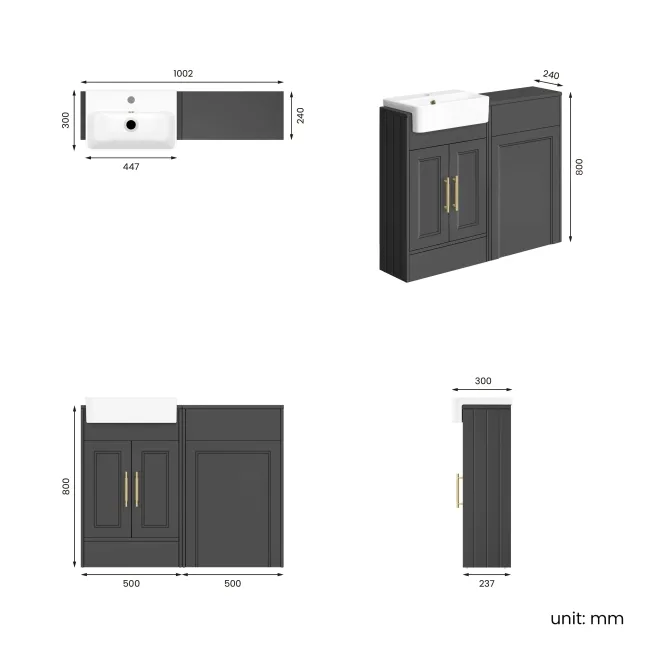 Monaco Slate Grey Basin Vanity and Back To Wall Toilet Unit 1000mm (Excludes Pan & Cistern) - Brass Knurled Handles