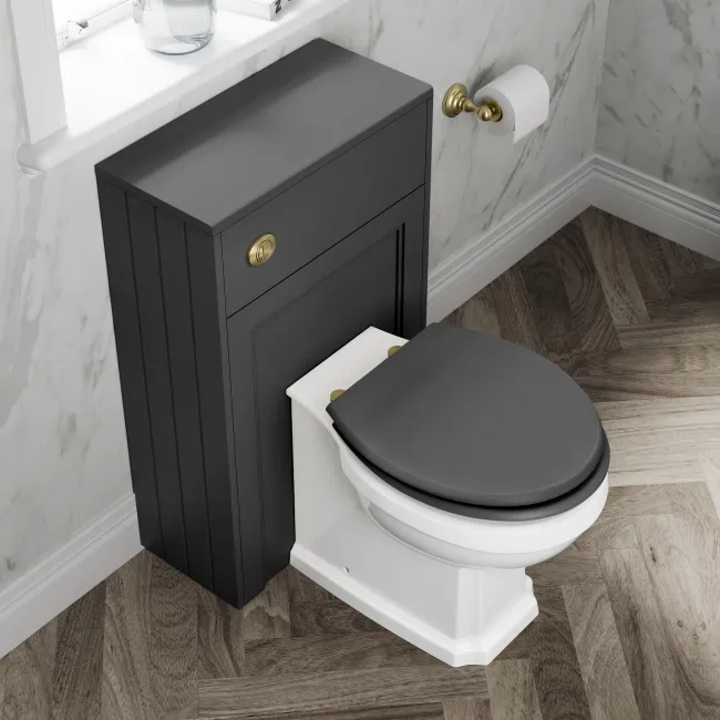 Monaco Slate Grey Combination Vanity Basin and Hudson Toilet with Wooden Seat 1000mm - Brass Knurled Handles
