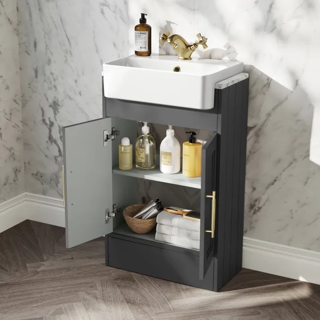 Monaco Slate Grey Combination Vanity Basin with Marble Top & Hudson Toilet with Wooden Seat 1000mm - Brass Knurled Handles