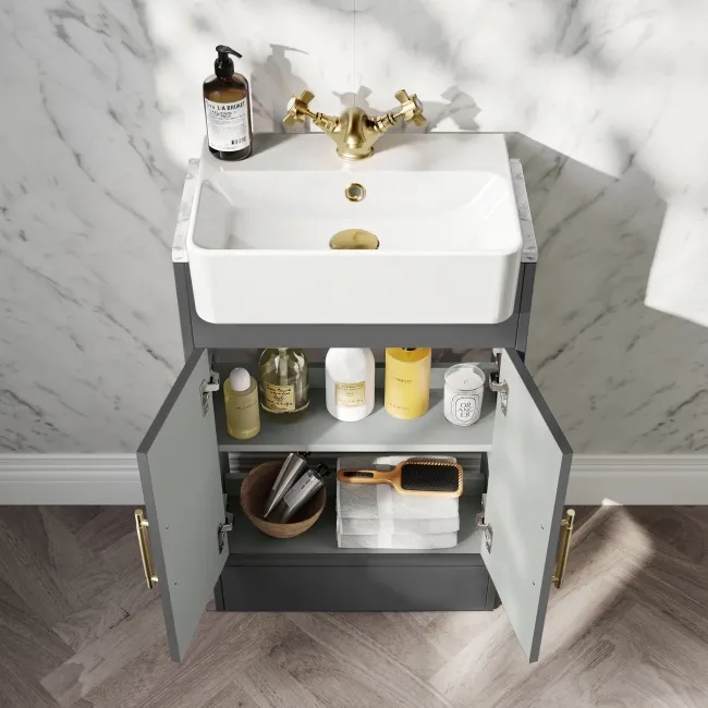 Monaco Slate Grey Combination Vanity Basin with Marble Top & Hudson Toilet with Wooden Seat 1000mm - Brass Knurled Handles