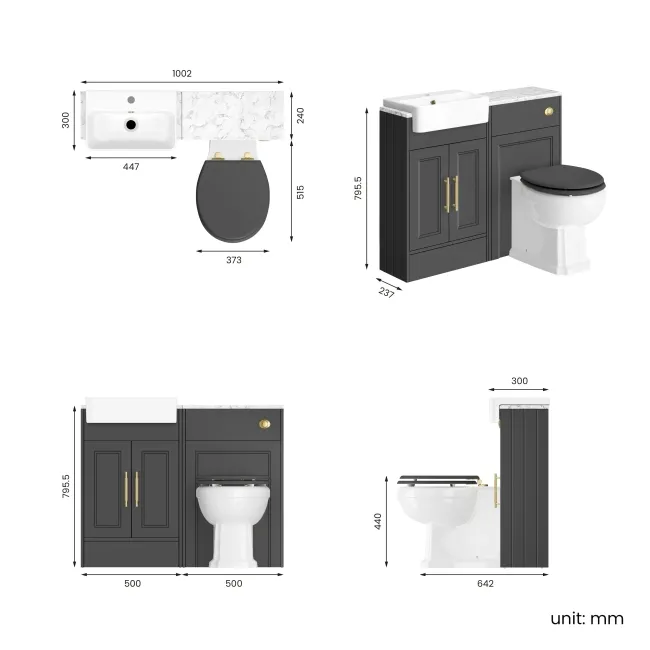 Monaco Slate Grey Combination Vanity Basin with Marble Top & Hudson Toilet with Wooden Seat 1000mm - Brass Knurled Handles