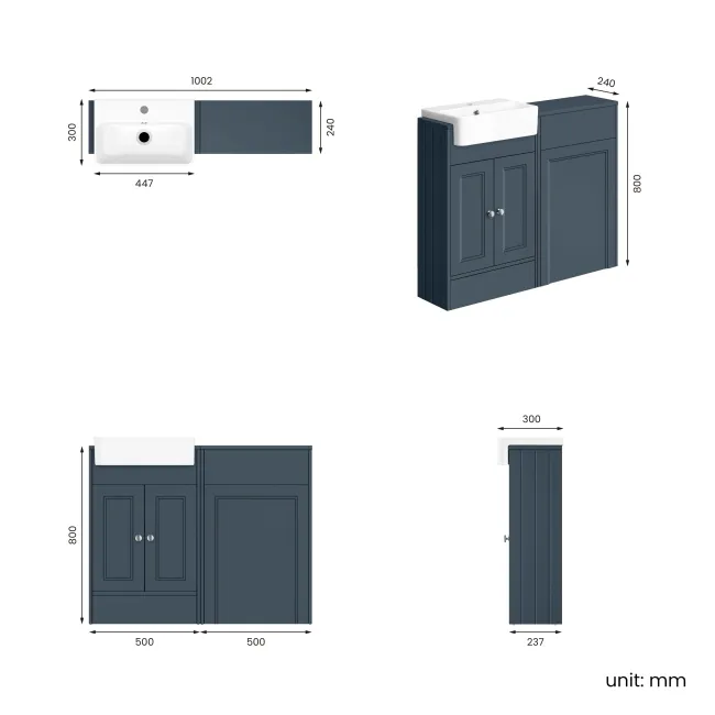 Monaco Navy Blue Basin Vanity and Back To Wall Toilet Unit 1000mm (Excludes Pan & Cistern)