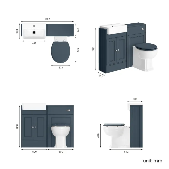 Monaco Navy Blue Combination Vanity Basin and Hudson Toilet with Wooden Seat 1000mm