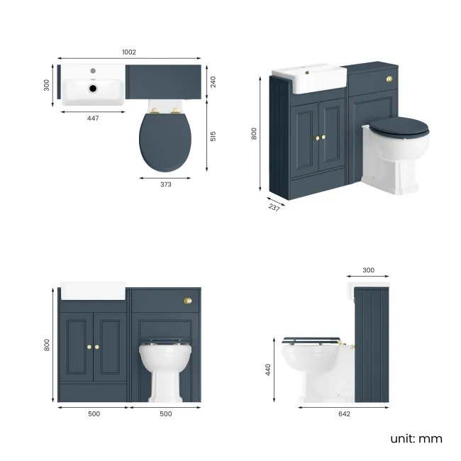 Monaco Navy Blue Combination Vanity Basin and Hudson Toilet with Wooden Seat 1000mm - Brushed Brass Accents