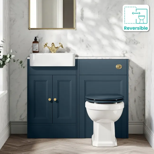 Monaco Navy Blue Combination Vanity Basin with Marble Top & Hudson Toilet with Wooden Seat 1000mm - Brushed Brass Accents