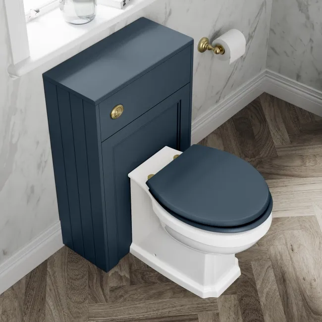 Monaco Navy Blue Combination Vanity Basin with Marble Top & Hudson Toilet with Wooden Seat 1000mm - Brushed Brass Accents
