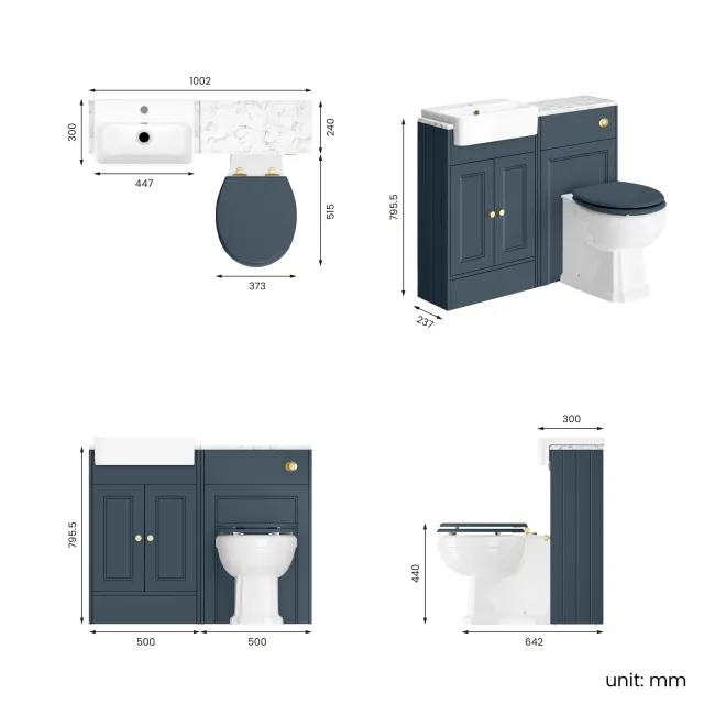 Monaco Navy Blue Combination Vanity Basin with Marble Top & Hudson Toilet with Wooden Seat 1000mm - Brushed Brass Accents