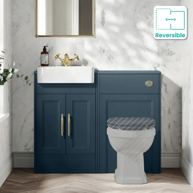 Monaco Navy Blue Basin Vanity and Back To Wall Toilet Unit 1000mm (Excludes Pan & Cistern) - Brass Knurled Handles