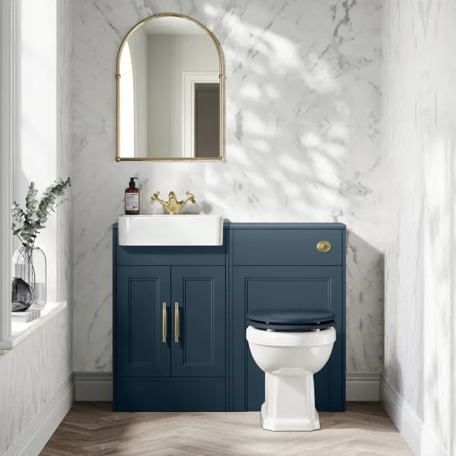 Monaco Navy Blue Basin Vanity and Back To Wall Toilet Unit 1000mm (Excludes Pan & Cistern) - Brass Knurled Handles