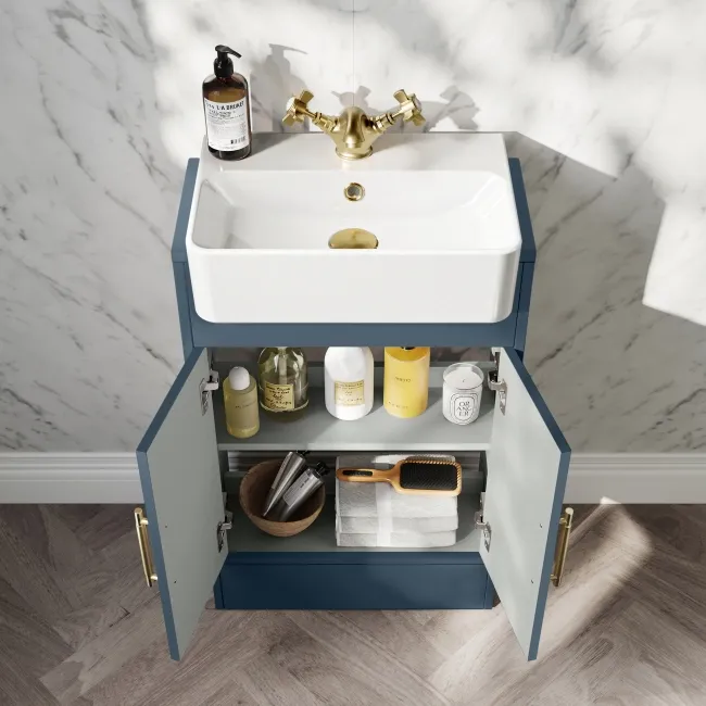Monaco Navy Blue Basin Vanity and Back To Wall Toilet Unit 1000mm (Excludes Pan & Cistern) - Brass Knurled Handles