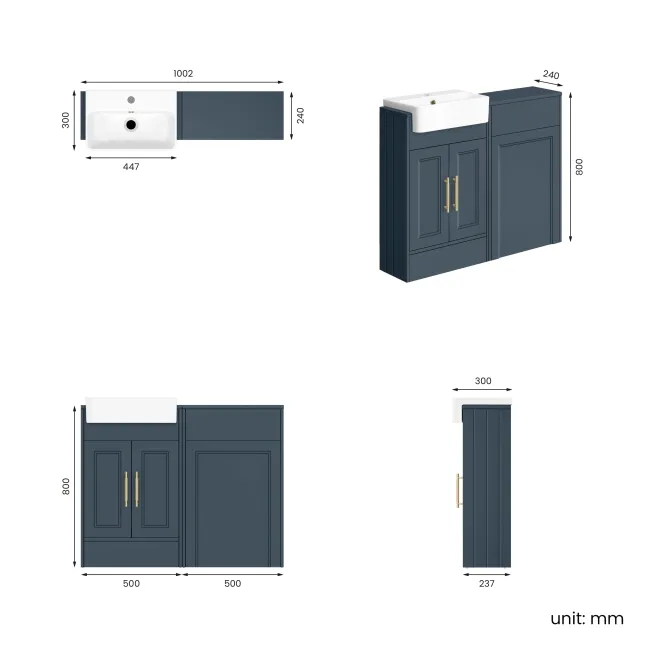 Monaco Navy Blue Basin Vanity and Back To Wall Toilet Unit 1000mm (Excludes Pan & Cistern) - Brass Knurled Handles