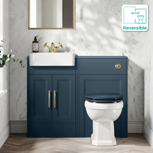Monaco Navy Blue Combination Vanity Basin and Hudson Toilet with Wooden Seat 1000mm - Brass Knurled Handles